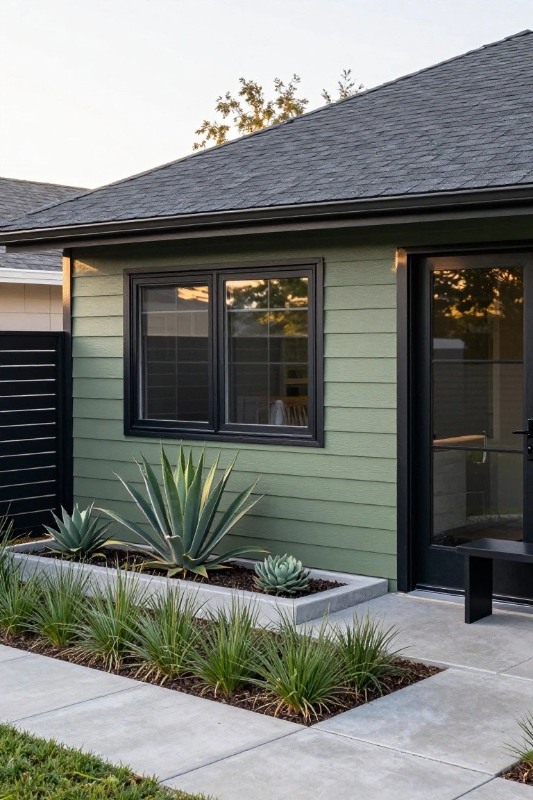 Side view of a house with olive green horizontal siding, black-framed sliding window and glass entry door, raised concrete planters filled with agave succulents and grasses along a concrete pathway next to a lawn.