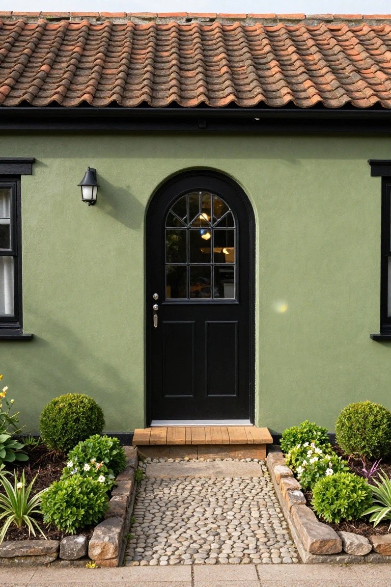 Olive green stucco house exterior with black arched front door featuring glass panels, black window frames, exterior wall lantern, wooden entry step, pebble stone path, and border landscaping with boxwood shrubs and flowers.
