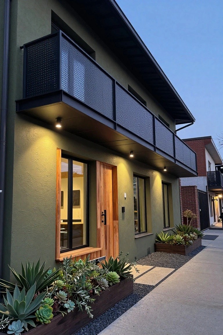 Side exterior of a two-story house with olive green stucco walls, black perforated metal balcony railing, wooden front door, recessed wall lights, and succulent-filled wood planters next to a gravel path and stone steps.