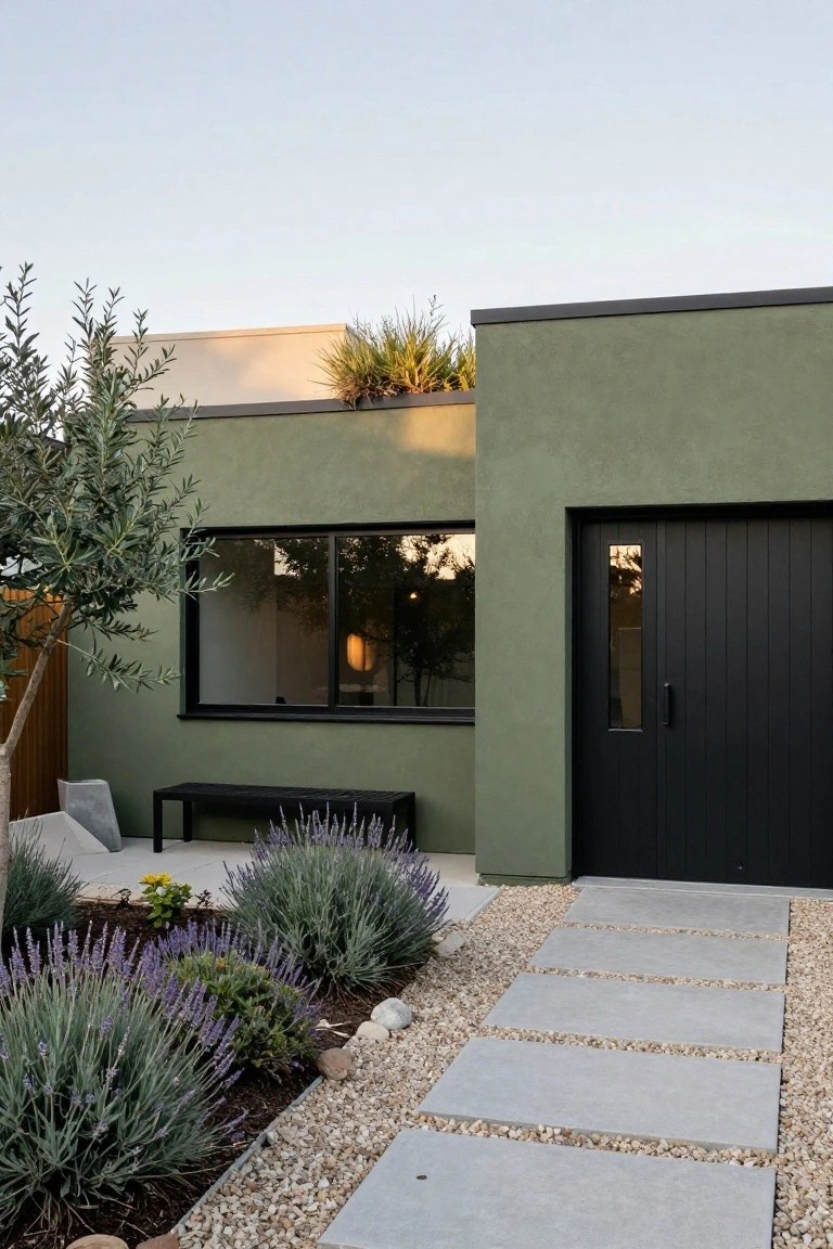 Olive green stucco house exterior featuring a large black garage door, black-framed horizontal window, metal bench, lavender plants, olive tree, gravel ground cover, and concrete pavers forming a pathway.