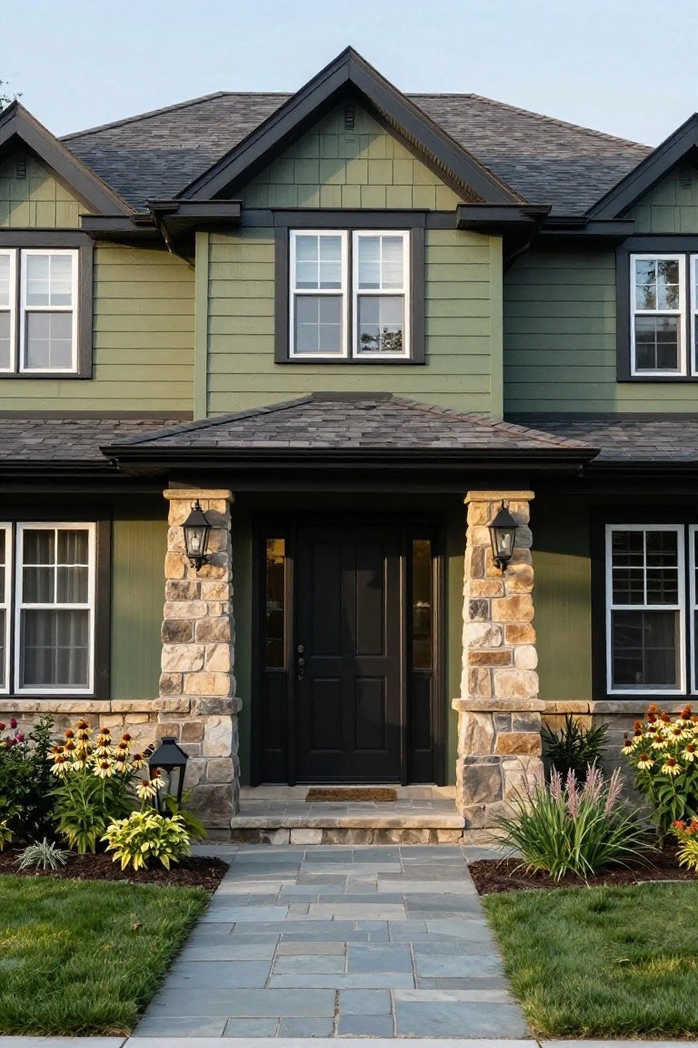 Front view of a two-story house with olive green shake siding, black trim and roof edges, white-framed windows, stone pillars flanking a black front door with lanterns, flower beds, and a stone walkway leading to the entry.