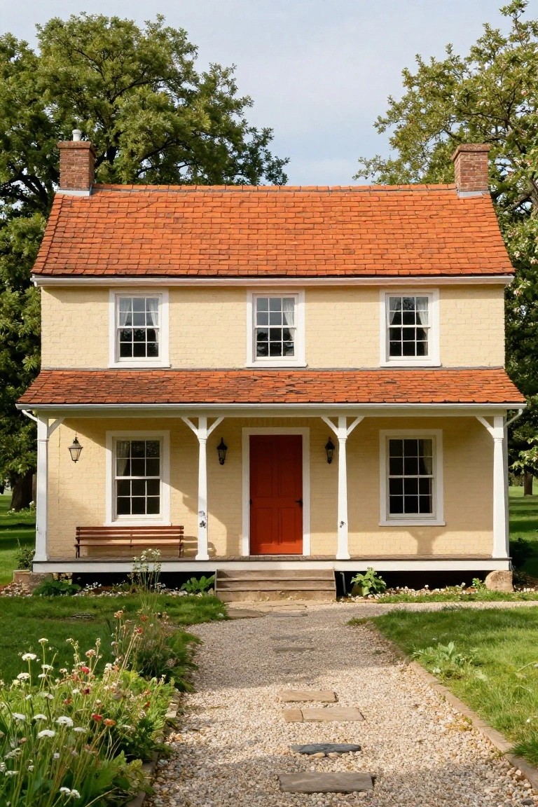 A two-story pale yellow house with orange terracotta tile roof, white-trimmed windows, wraparound porch with columns and lanterns, red front door, wooden bench, and gravel path through flower beds and lawn flanked by trees.