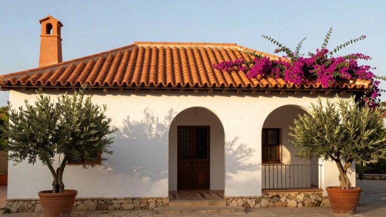19 Orange Roof Exterior House Colors Ideas White stucco house with curved red terracotta tile roof draped in purple bougainvillea, arched wooden door with metal grille, two potted olive trees, and short tiled steps leading to a stone path.