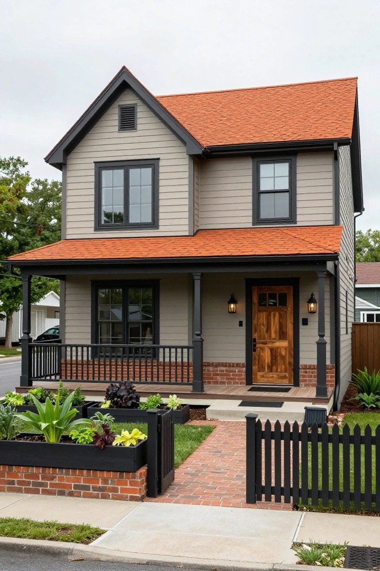 Front exterior of a two-story house with gray horizontal siding, orange tile roof, black window and door trim, covered porch with columns, wooden front door, raised brick planters with plants, brick walkway, and black picket fence gate.
