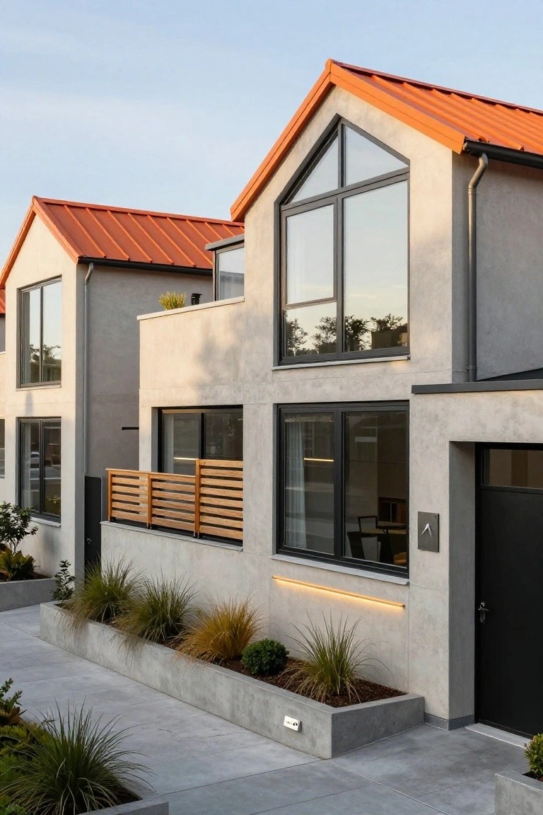 Modern houses with gray exteriors, orange roofs, large windows, and landscaped gardens.