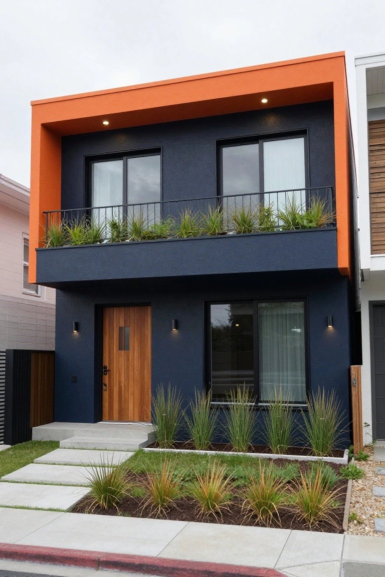Modern two-story house exterior with navy blue siding, orange upper frame and roof accent, black metal balcony railing with plant planters, wooden front door flanked by wall lights, large dark-framed windows, and front yard landscaping of grasses in raised beds along a concrete path and steps.