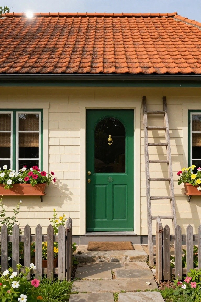 Charming house with green door, flower boxes, and stone pathway, topped by a red tiled roof.