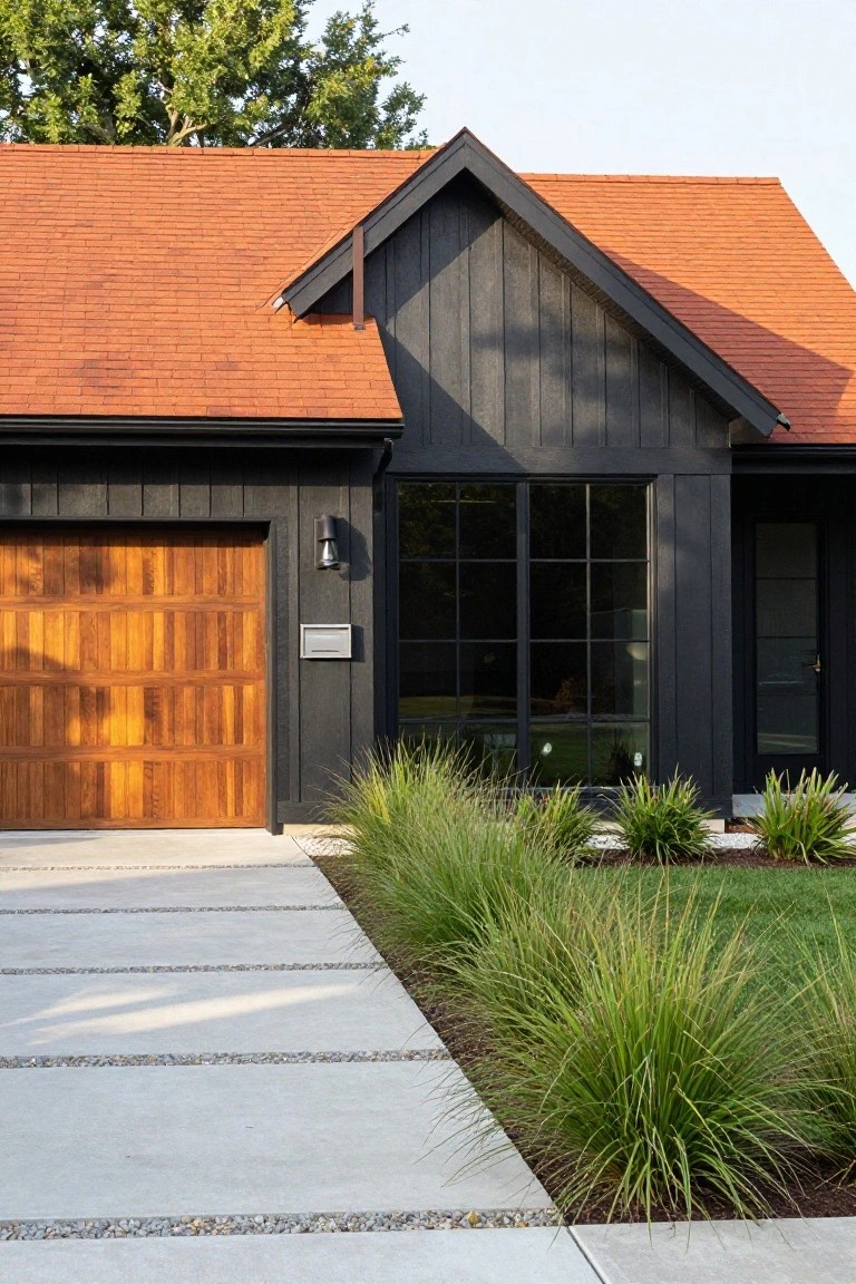 Modern house exterior featuring a red-orange tiled roof, black vertical board-and-batten siding, wooden garage door, large grid windows, wall-mounted light, mailbox, concrete paver pathway, and tall ornamental grasses along the driveway.