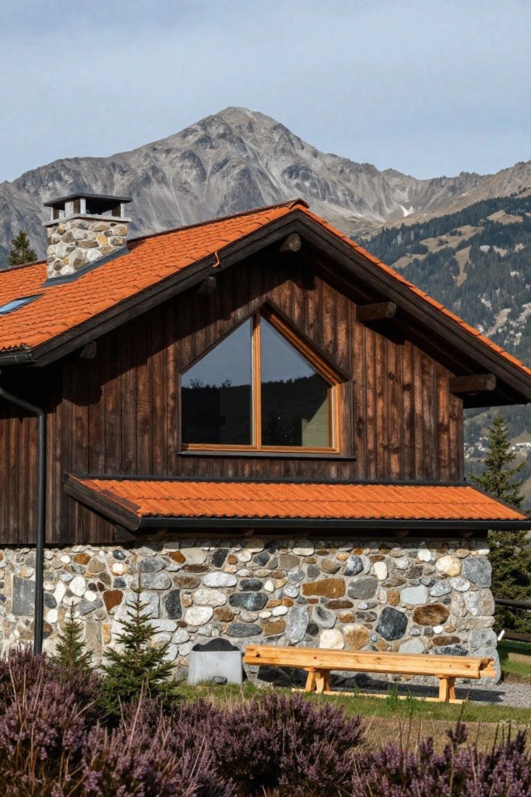 Side view of a chalet house featuring dark vertical wood siding, orange tiled roof, stone foundation, triangular window, wooden bench, small fir trees, purple heather shrubs, and distant snowy mountains.