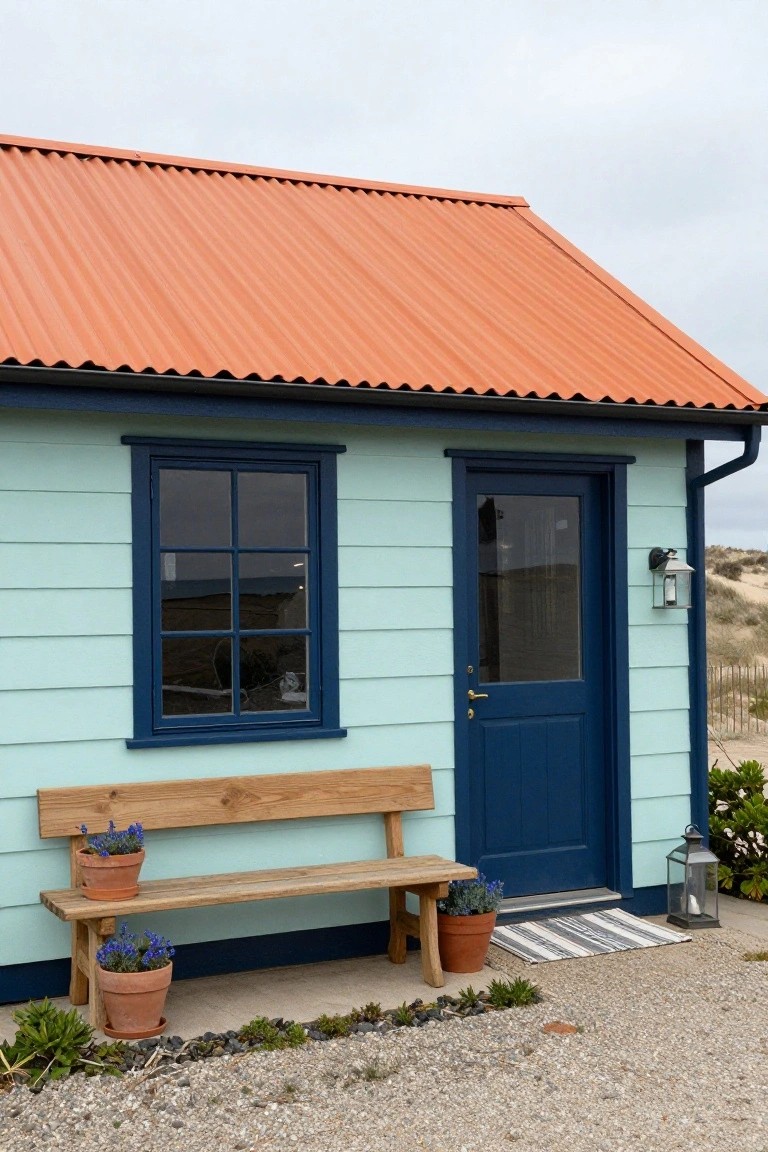 Small cabin with pale blue clapboard siding, navy blue framed window and door, orange corrugated metal roof, wooden bench flanked by terracotta pots of flowers, lanterns, and gravel ground near beach dunes.