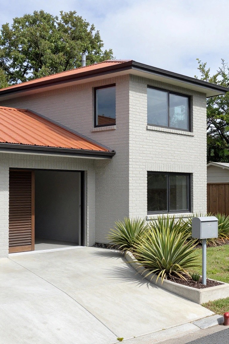 Two-story house exterior featuring an orange metal roof, light gray brick walls, large windows, open garage with slatted wooden door, yucca plants, and a mailbox in the front yard.