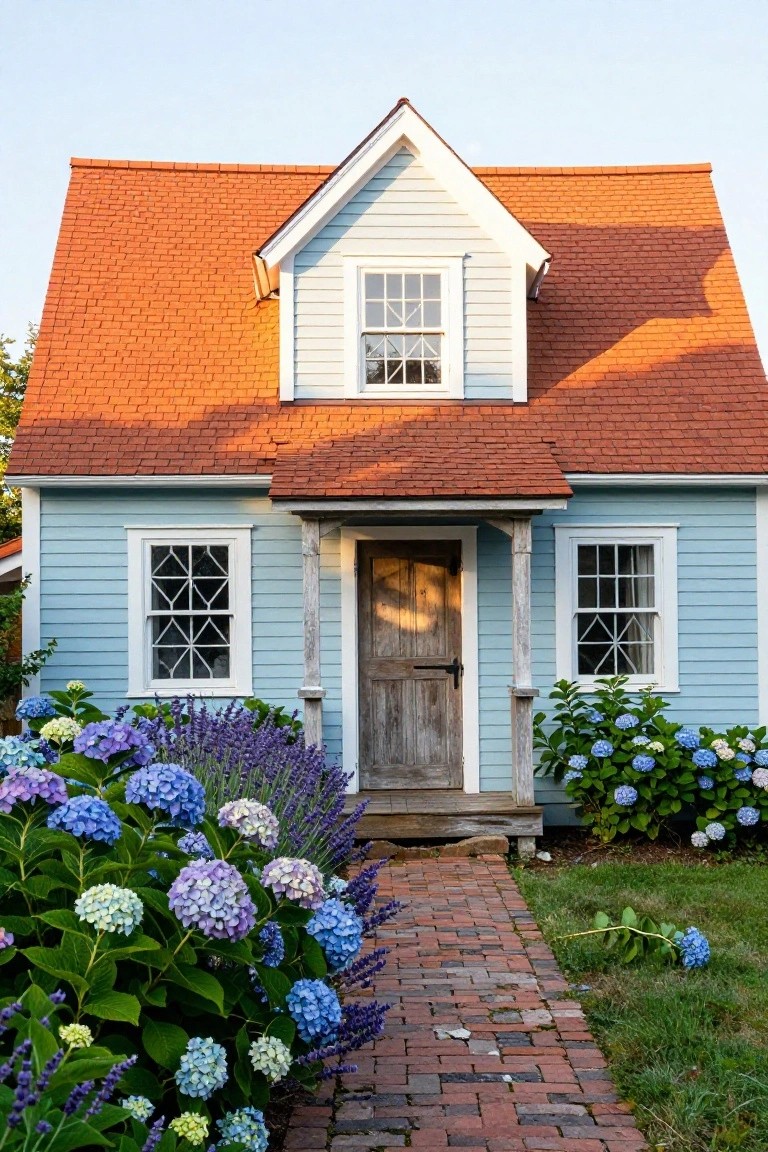 Light blue clapboard house with orange terracotta roof, white-trimmed windows, weathered wooden door and porch, flanked by blooming blue hydrangeas and lavender bushes beside a brick walkway.