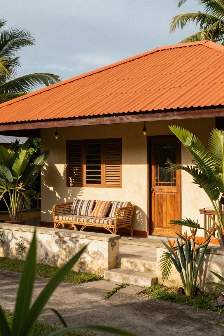 A tropical bungalow exterior with orange corrugated metal roof, beige stucco walls, wooden shutters and door, rattan sofa with cushions on porch, surrounded by palms and bird of paradise plants, stone steps leading to entry.