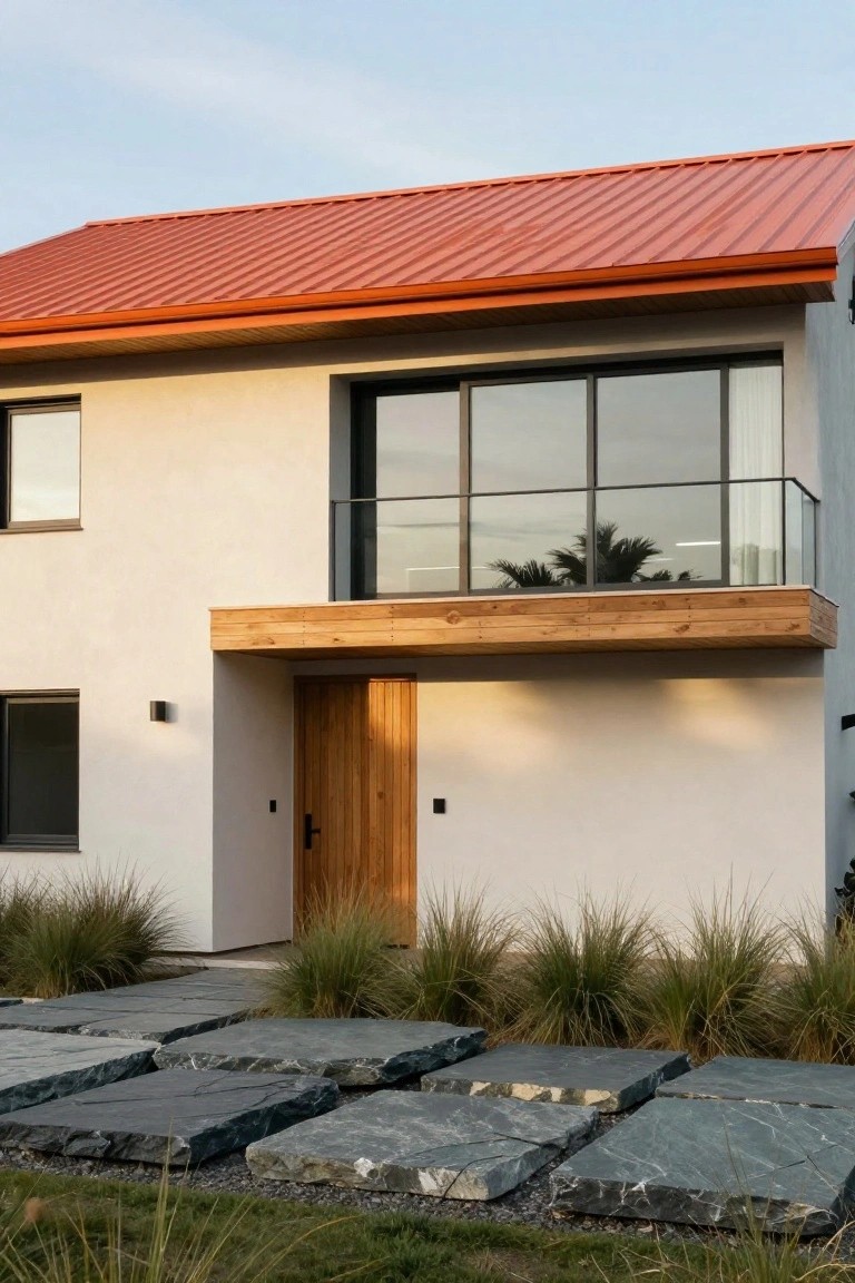 Modern house exterior featuring a red-orange metal roof, white stucco walls, wooden balcony with glass railing, wooden entry door, large windows, and a stone slab pathway with grasses.