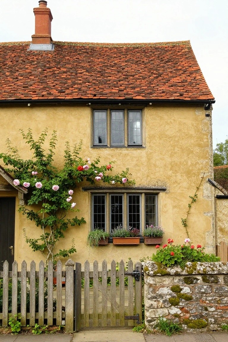 Two-story ochre plastered cottage with red-orange tiled roof, leaded glass windows, pink climbing roses on the wall, flower-filled window boxes, wooden door, picket fence, and mossy stone wall.