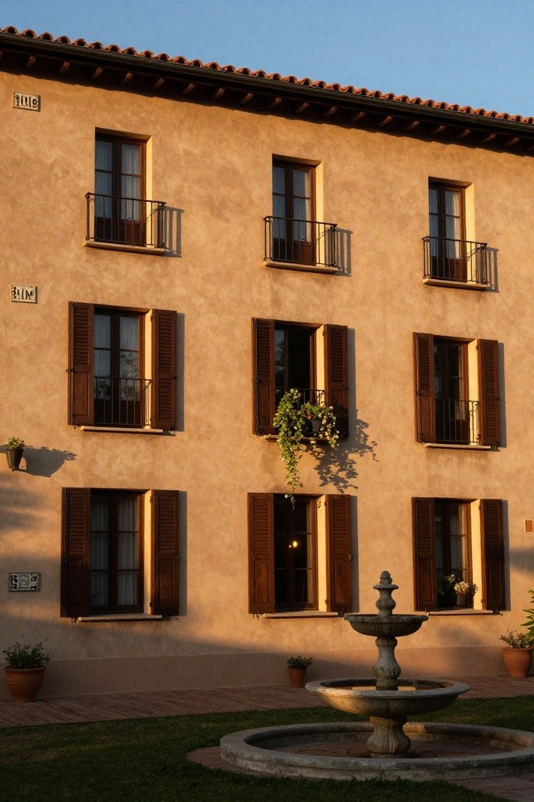 Two-story beige stucco house exterior with orange terracotta roof tiles, wooden shutters on multi-pane windows with wrought-iron balconies, hanging plants, potted greenery, and a stone fountain in the foreground on a lawn.