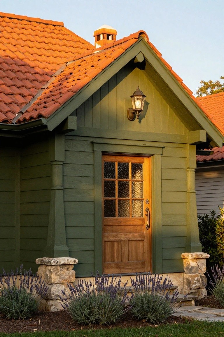 Close view of a green shingled house entrance with wooden door, glass window, wall lantern, stone pillars base, lavender bushes, and orange terracotta roof in evening light.