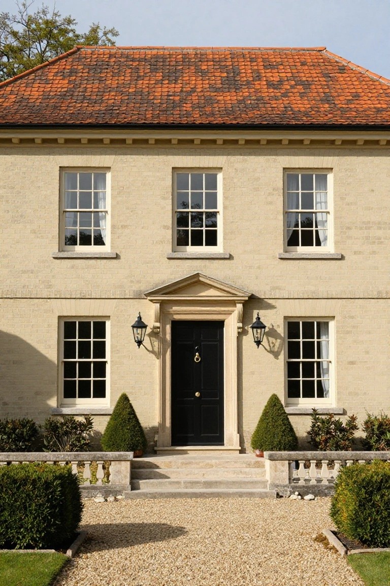 Two-story house with pale yellow brick exterior, orange terracotta tile roof, black front door flanked by lanterns, symmetrical sash windows, stone steps, gravel driveway, and low boxwood hedges.