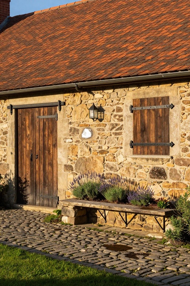 Stone cottage exterior with orange terracotta tile roof, wooden double door, shutters, wall lantern, lavender plants beside a stone bench, and cobblestone path on grass.
