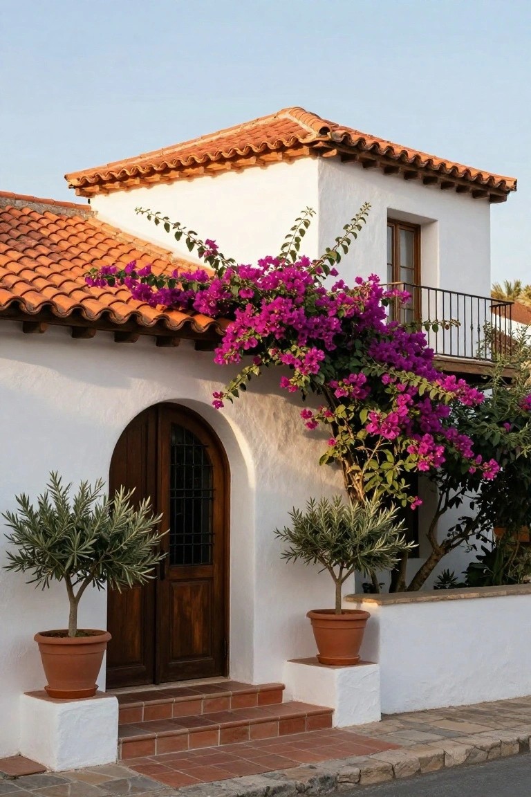 White stucco house with curved red terracotta tile roof draped in purple bougainvillea, arched wooden door with metal grille, two potted olive trees, and short tiled steps leading to a stone path.