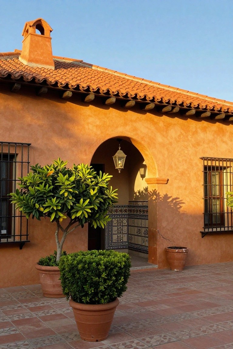 Adobe-style house exterior with orange terracotta roof tiles, arched entry framed by potted citrus tree and boxwoods, wrought iron window grilles, hanging lantern, and terracotta-tiled patio under clear blue sky.