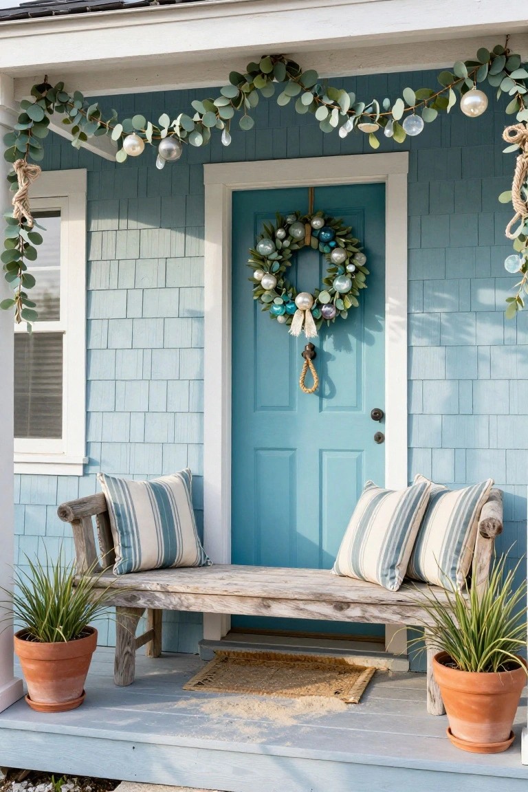 Turquoise front door on a light blue shingled house with a large eucalyptus wreath containing blue and clear glass ornaments, flanked by matching garland swags, a weathered wooden bench with white and blue striped pillows, potted grasses, and a seagrass door mat on the porch.