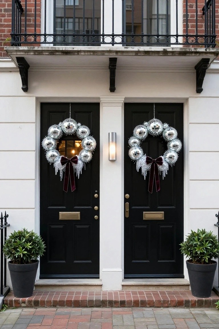Pair of black front doors on a white brick townhouse facade, each with a large Christmas wreath of silver mirrored disco balls and burgundy bow, flanked by potted green shrubs on a brick pathway.
