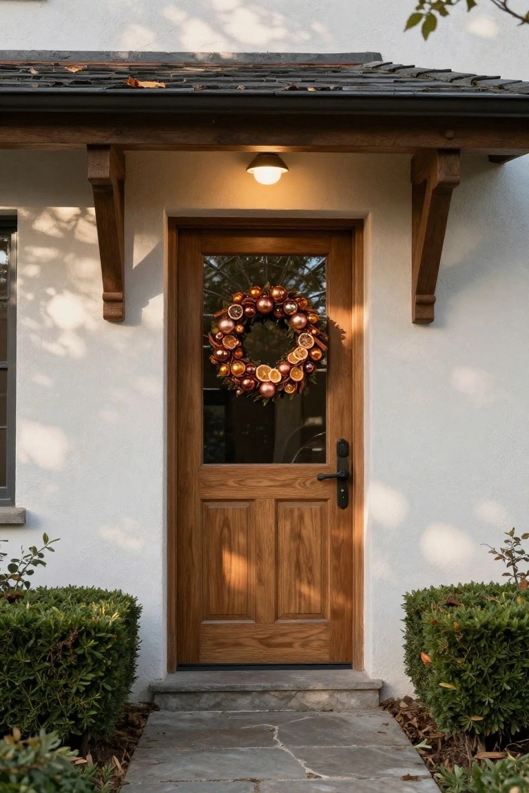 Wooden front door on a white stucco house exterior decorated with a Christmas wreath of dried orange slices, cinnamon sticks, and bronze ornaments, under a covered porch with boxwood shrubs on either side.