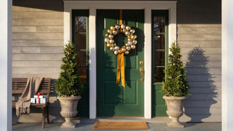 Green front door on a shingled house exterior decorated with a large wreath of gold and silver Christmas ball ornaments and yellow ribbon bow, flanked by white sidelights, brass hardware, potted boxwood plants in urns, wrapped gifts, slippers, and a woven mat on the porch.