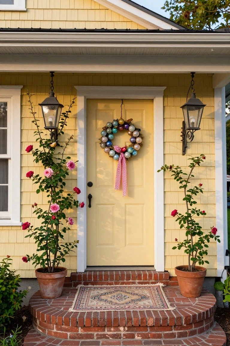 Yellow shingled house front with pale yellow door centered under porch, decorated with multicolored Christmas ball ornament wreath and pink ribbon bow, flanked by climbing rose vines and potted roses on brick steps with Persian rug doormat.