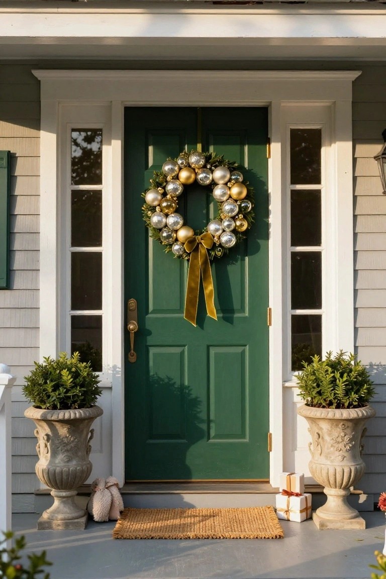 Green front door on a shingled house exterior decorated with a large wreath of gold and silver Christmas ball ornaments and yellow ribbon bow, flanked by white sidelights, brass hardware, potted boxwood plants in urns, wrapped gifts, slippers, and a woven mat on the porch.