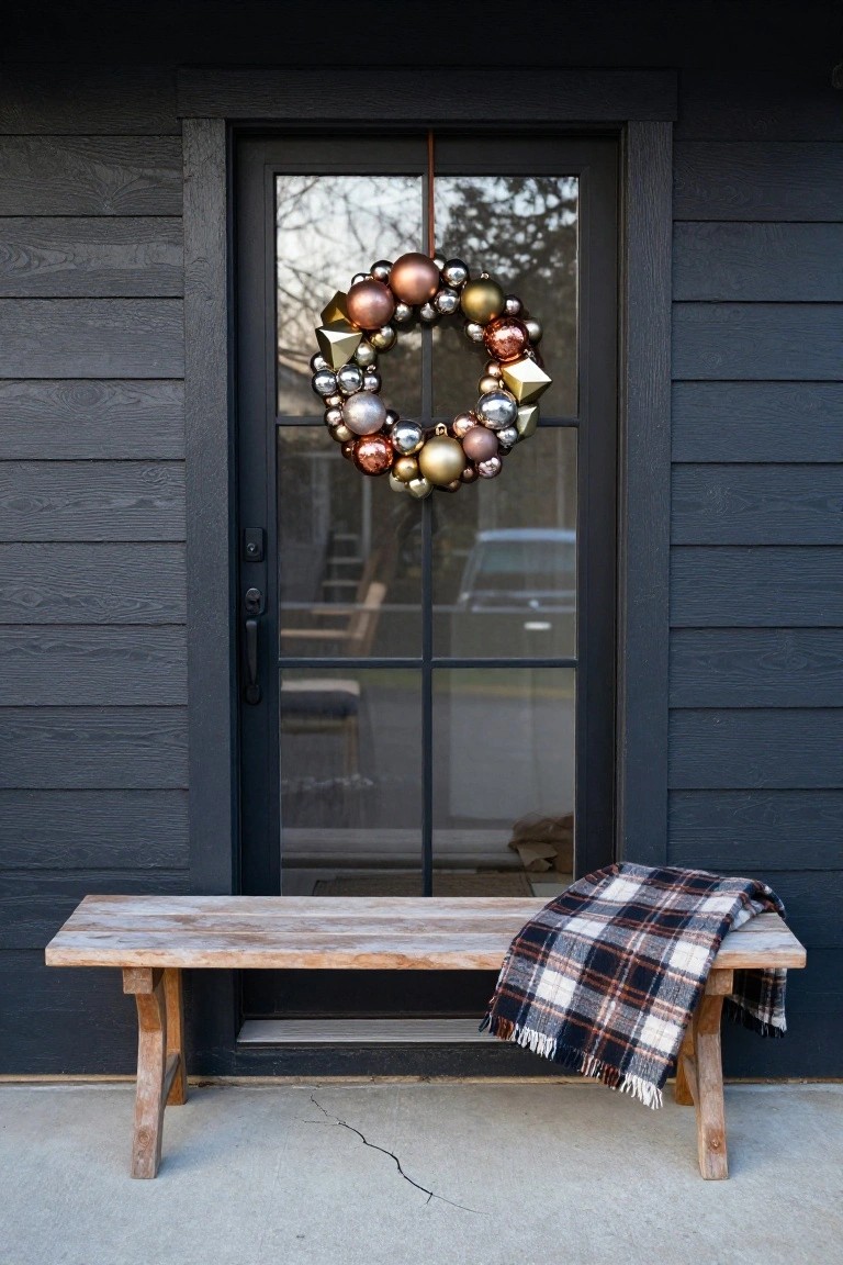 Black glass front door on dark wood siding with a wreath of metallic bronze, gold, silver ornaments and geometric shapes, beside a weathered wooden bench draped with a plaid wool blanket on a concrete porch.