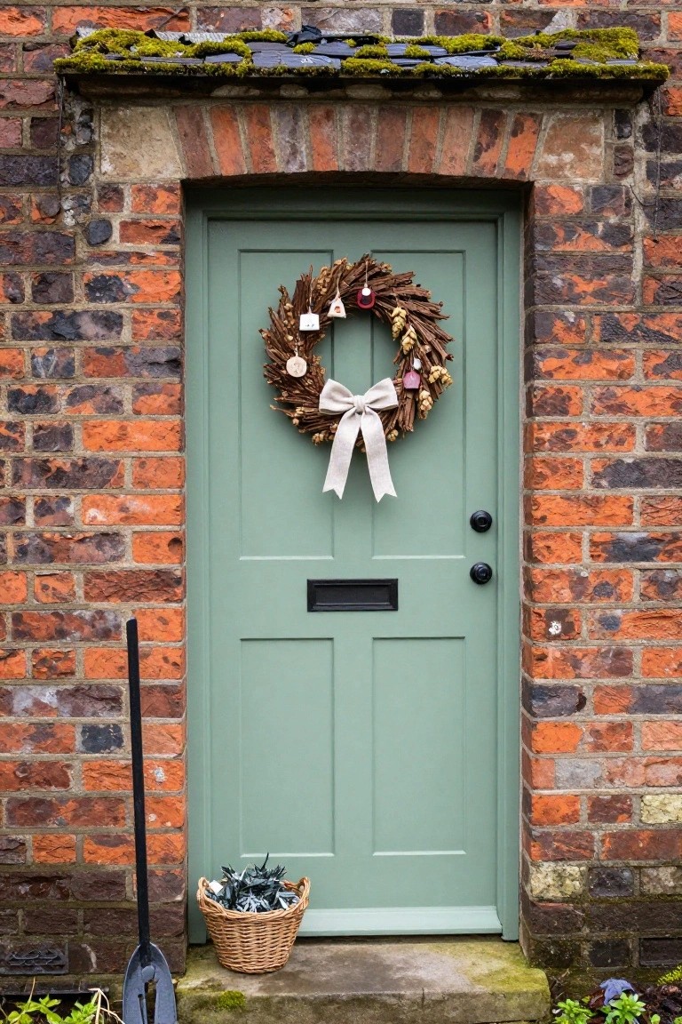 Sage green front door on brick house wall with large rustic twig Christmas wreath featuring ornaments, pinecones, and cream bow; wicker basket of greenery and black-handled shovel on stone step.