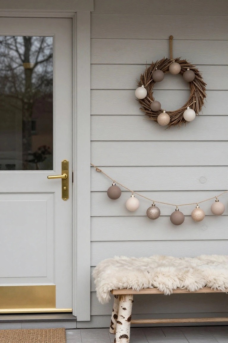 White front door with gold handle and threshold on light gray clapboard wall, decorated with beige twig wreath holding matte neutral-toned ornament balls, twine garland of similar ornaments below, sheepskin-covered bench on birch legs, and seagrass doormat.