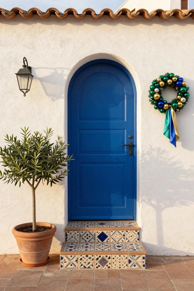 Arched blue wooden door on white stucco wall with Christmas wreath of green garland, multicolored shiny ornaments, and blue and gold ribbons, olive tree in terracotta pot to the side, tiled steps leading up, lantern light mounted above.