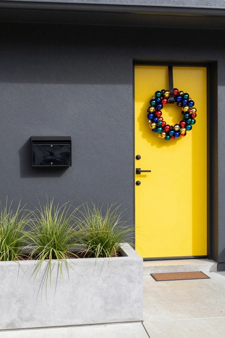Gray modern house exterior featuring a bright yellow front door with a multicolored glass ornament Christmas wreath, black mailbox to the side, and potted ornamental grasses in a concrete planter nearby.