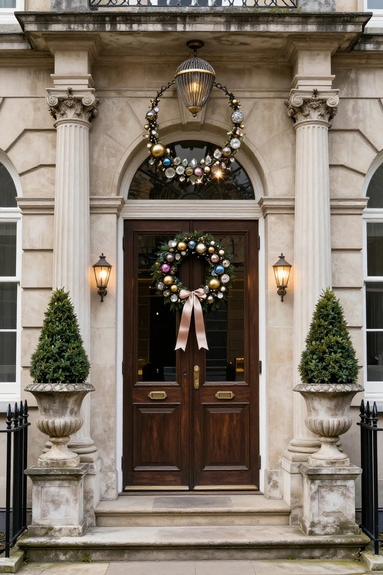 Stone townhouse front door with colorful Christmas wreath of assorted ornaments and pink ribbon, flanked by lanterns and potted topiary trees in urns beside columns.