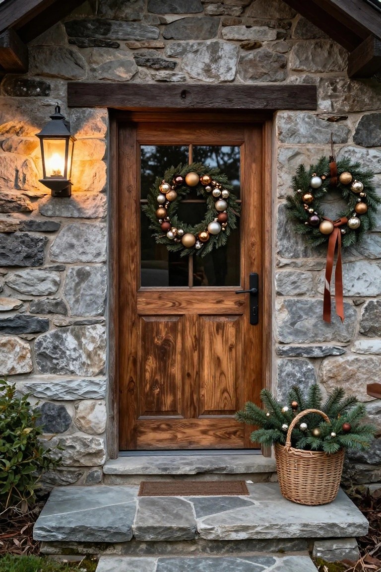 Rustic wooden door on a stone house exterior with two evergreen Christmas wreaths filled with gold and metallic ball ornaments, a lit wall lantern, and a wicker basket of decorated greenery on the slate steps.