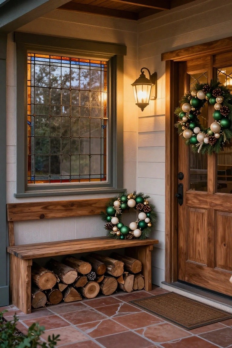 Wooden front door with glass panels and stained glass side window, flanked by two large Christmas wreaths filled with green, white, and gold ornaments and pinecones, a wall lantern, and a wooden bench stacked with firewood logs on a tiled porch.