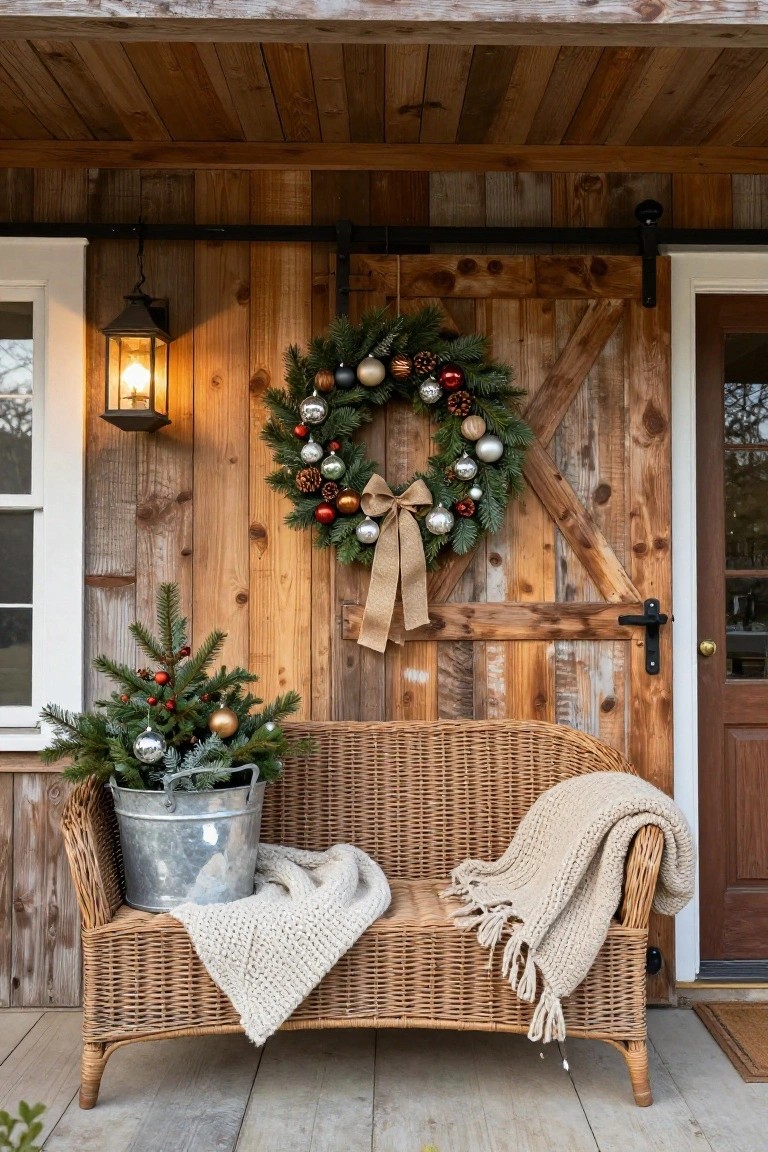 Rustic wooden porch featuring a barn-style sliding door with large Christmas wreath of multicolored ornaments, pine branches, cones, and burlap bow, lit black lantern on wall, small potted evergreen tree in galvanized bucket, and empty wicker bench with cream knit blanket.