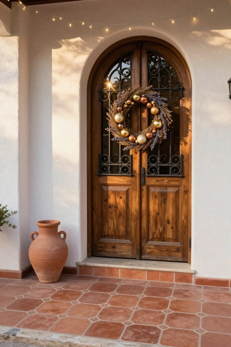Double wooden arched door with wrought iron grilles and a large wreath of wheat, lavender, and gold ornaments hanging on it, next to a terracotta pot on a terracotta tiled porch with string lights above.