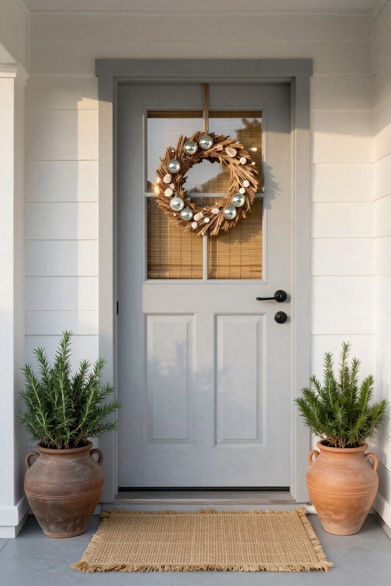 Gray front door on white shiplap house exterior decorated with a natural wreath of wheat, shells, and gold ornaments, flanked by terracotta pots of rosemary plants and a seagrass doormat.
