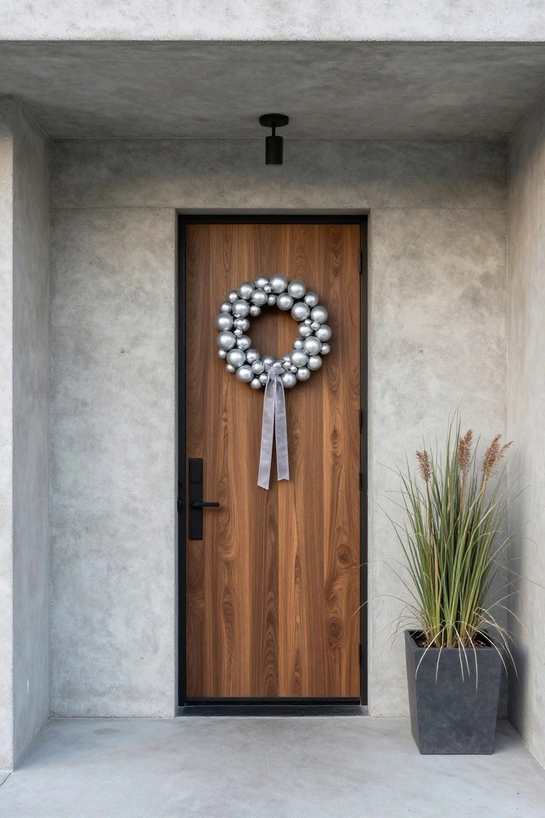Wooden front door with black frame in textured gray concrete entryway, decorated with large silver ball ornament Christmas wreath and gray ribbon bow, potted pampas grass plant to the right.