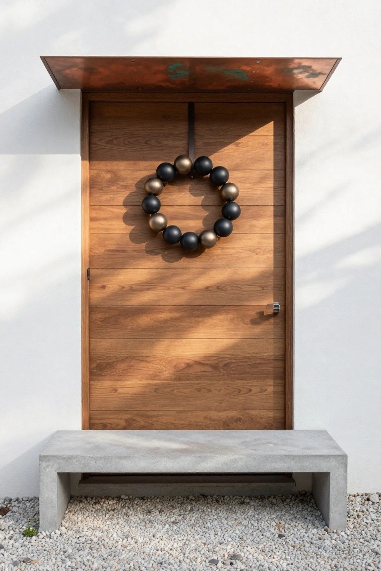 Modern wooden front door with black and gold orb wreath centered on it, copper awning above, stainless steel handle, concrete bench in front, white gravel ground, and white exterior wall.