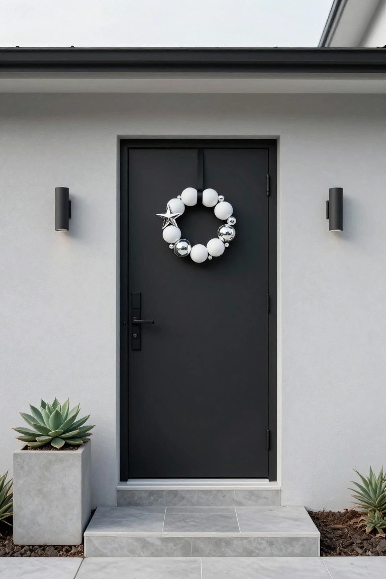 Black front door on a light gray house wall decorated with a Christmas wreath of white and silver baubles and a star, flanked by black wall lights, potted agave plants, and gray tiled steps.