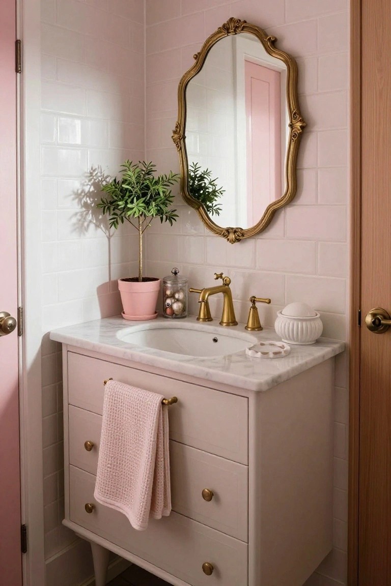 Blush pink subway tile bathroom corner with white marble vanity, gold bridge faucet, ornate gold mirror, pink potted plant, glass jar of clear ornaments, white soap dish, pink towel on bar, and pink door.