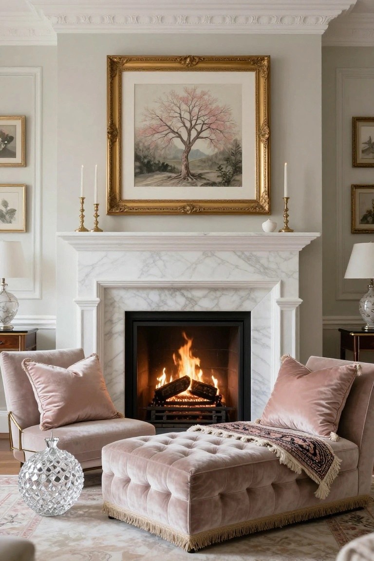 Living room corner with white marble fireplace, gold-framed painting of pink flowering tree above mantel, two blush pink velvet chairs with pillows, matching velvet ottoman with pink throw, clear glass vase on floor, patterned rug, side tables with lamps.