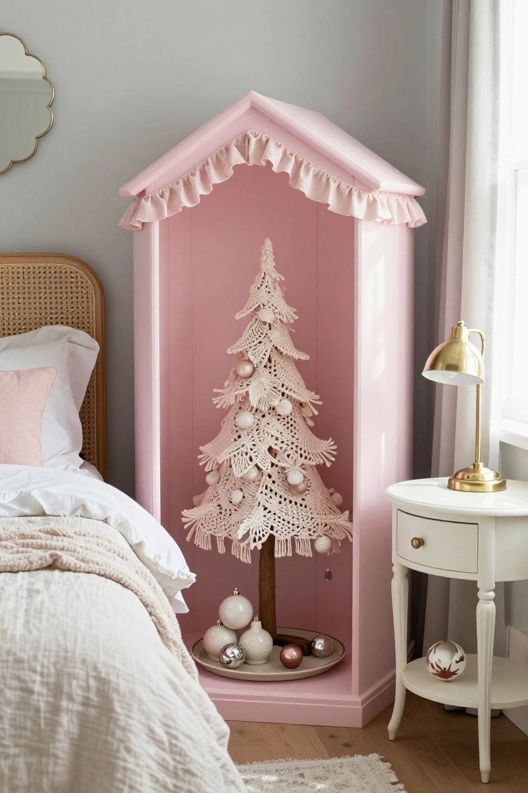 A small white crochet Christmas tree decorated with round ornaments stands inside a tall pink wooden cabinet resembling a dollhouse with a ruffled pink roof, positioned in a bedroom beside a rattan headboard bed and a white nightstand with a gold lamp.