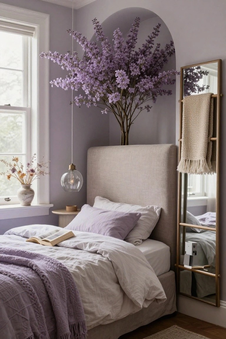 Bedroom interior with pale purple walls, a tall artificial purple lilac tree in an arched alcove above a beige upholstered bed draped in purple and white linens, a full-length wooden mirror with towels nearby, a pendant light, and a windowsill with dried flowers in a vase.