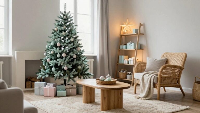 Turquoise artificial Christmas tree decorated with pastel blue, white, silver, and clear ornaments in a modern living room with light gray sofa, rattan armchair, wooden coffee table, fireplace mantle, and neutral decor.